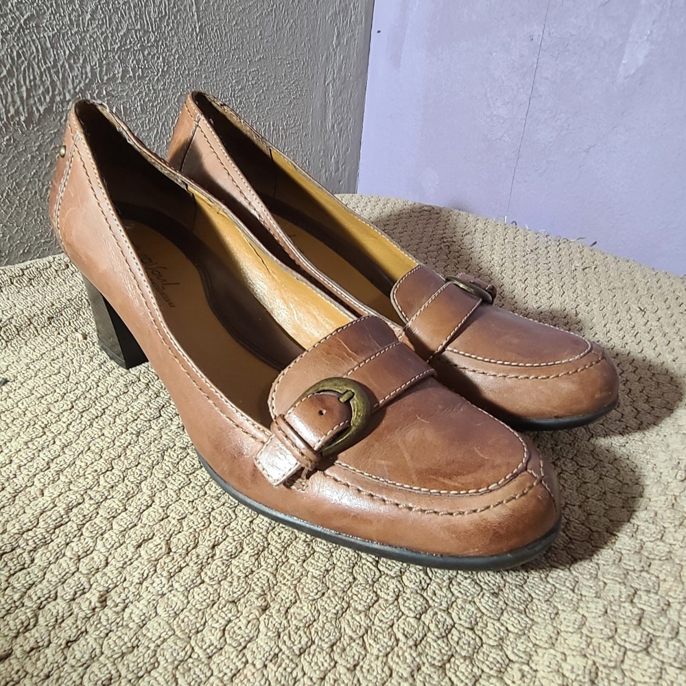 Natural Soul by Naturalizer Women 10M Brown Leather Buckle Block‎ Heel Loafers